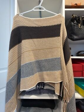 Striped Beige Brown Grey Fringe Knit Poncho Sweater One Size